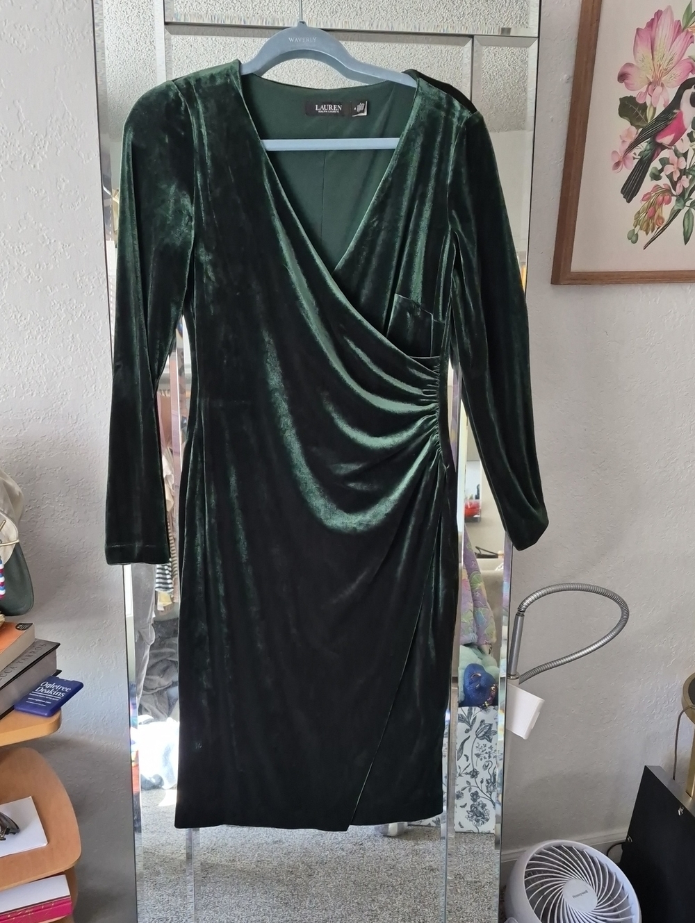 Lauren Ralph Lauren Deep Green Velvet Wrap-Style Long Sleeve Dress